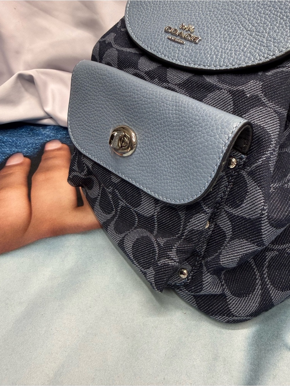 (new+tag) Coach Mini Backpack Denim Leather Light Blue /Navy Signature Monogram - Picture 12 of 15